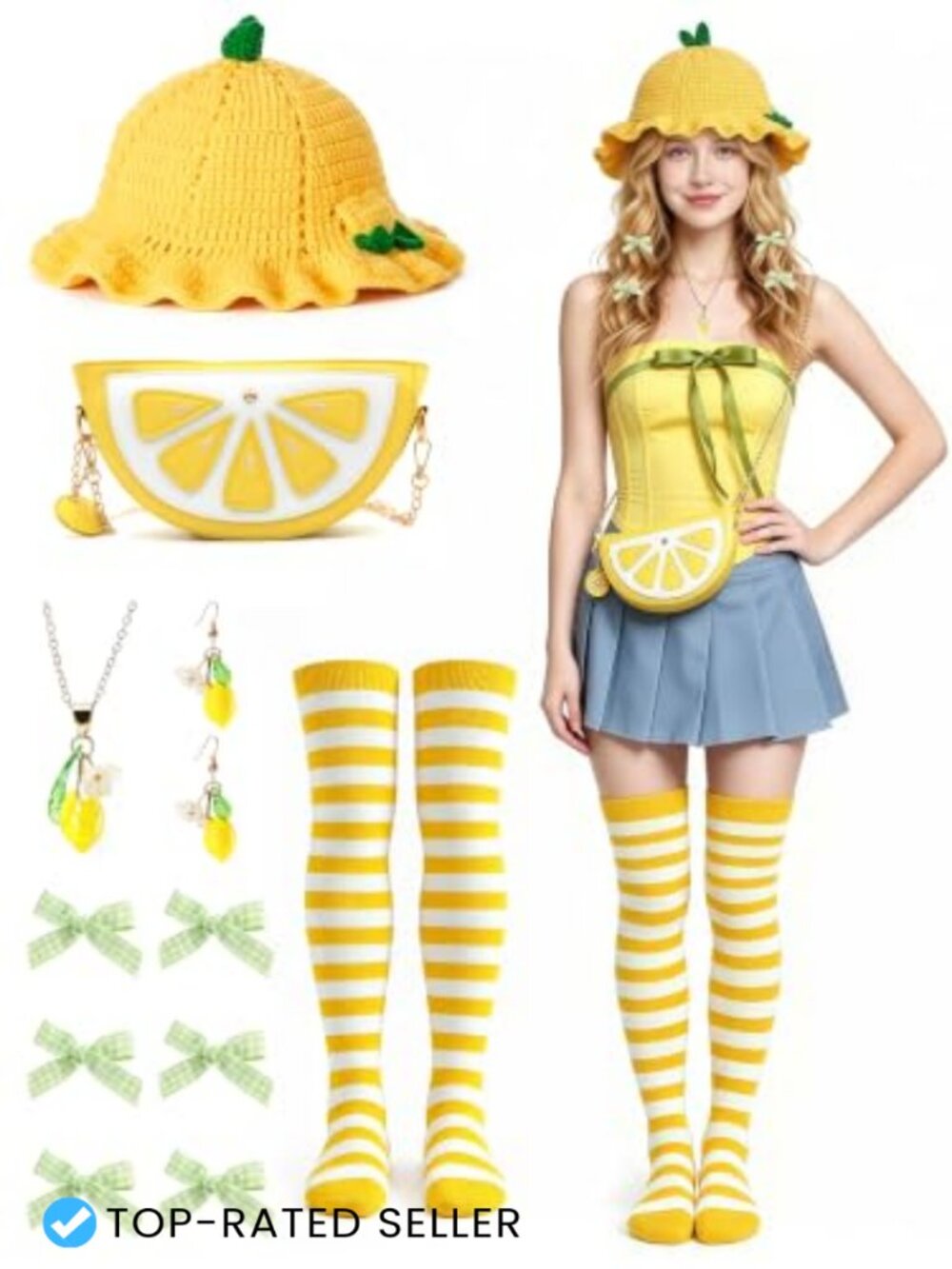 Lemon Stripe Sock Hat Bag Set Costume